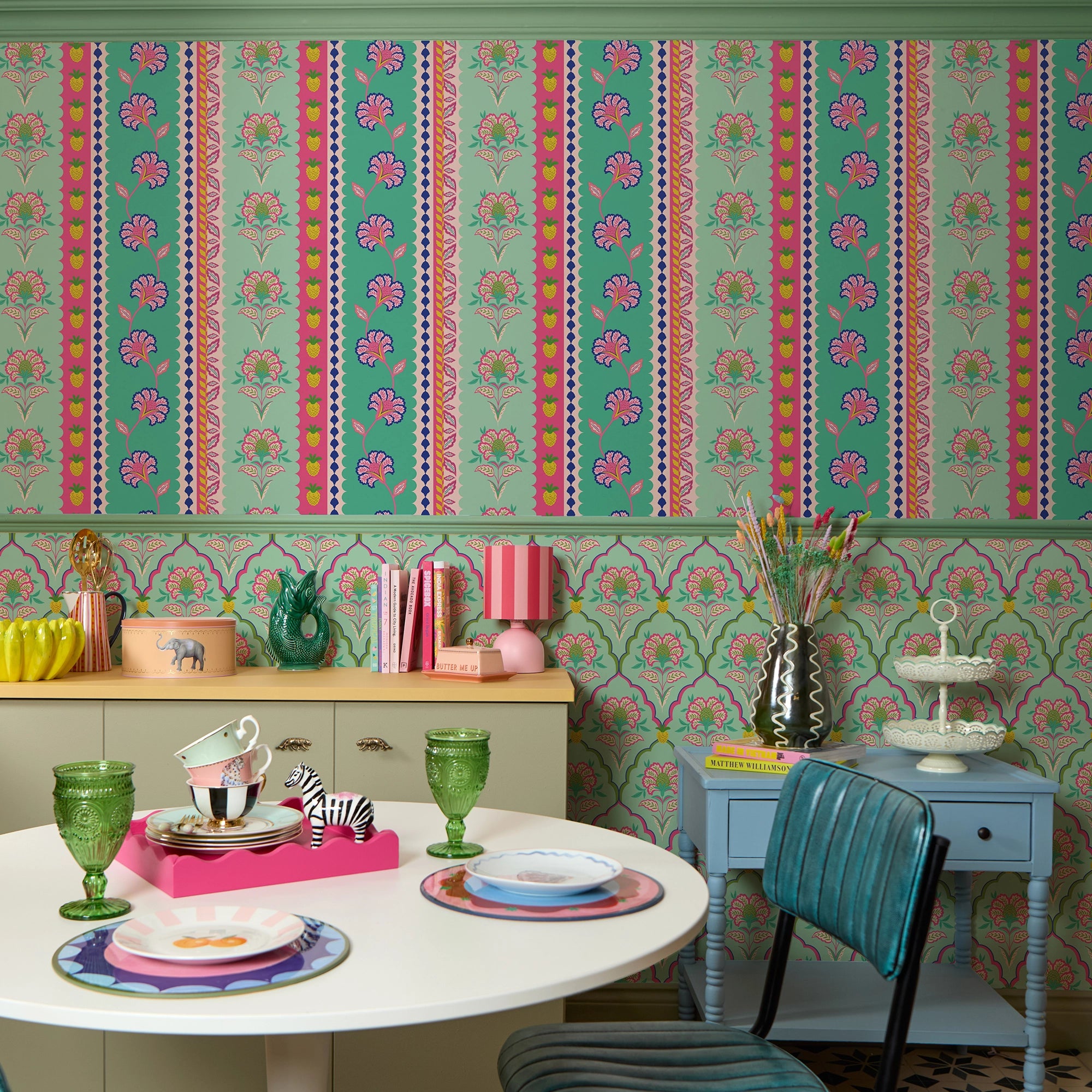 Blooming Geometric Wallpaper in Pinks on Greens