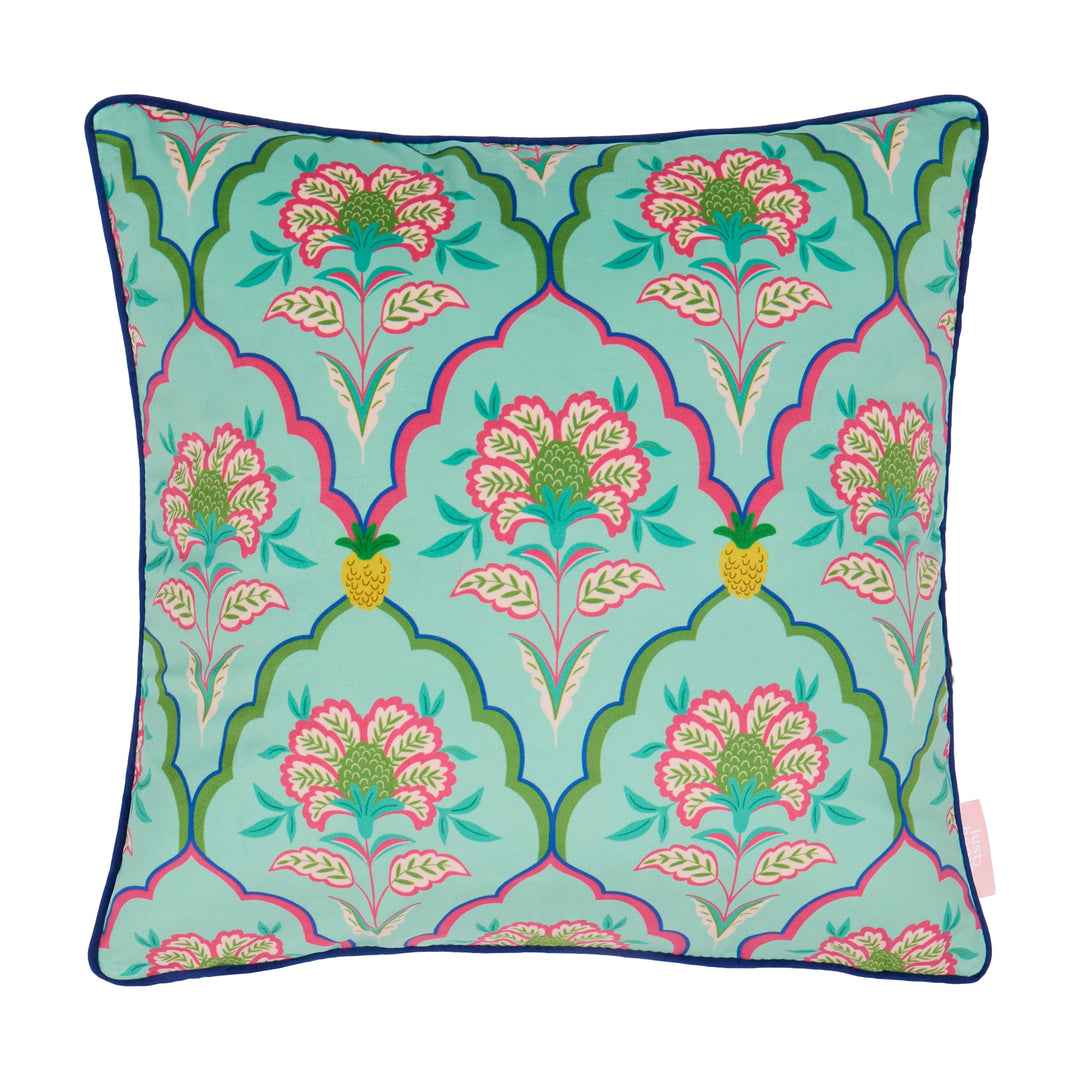 Blooming Geometric Square Cushion in Pinks on Greens