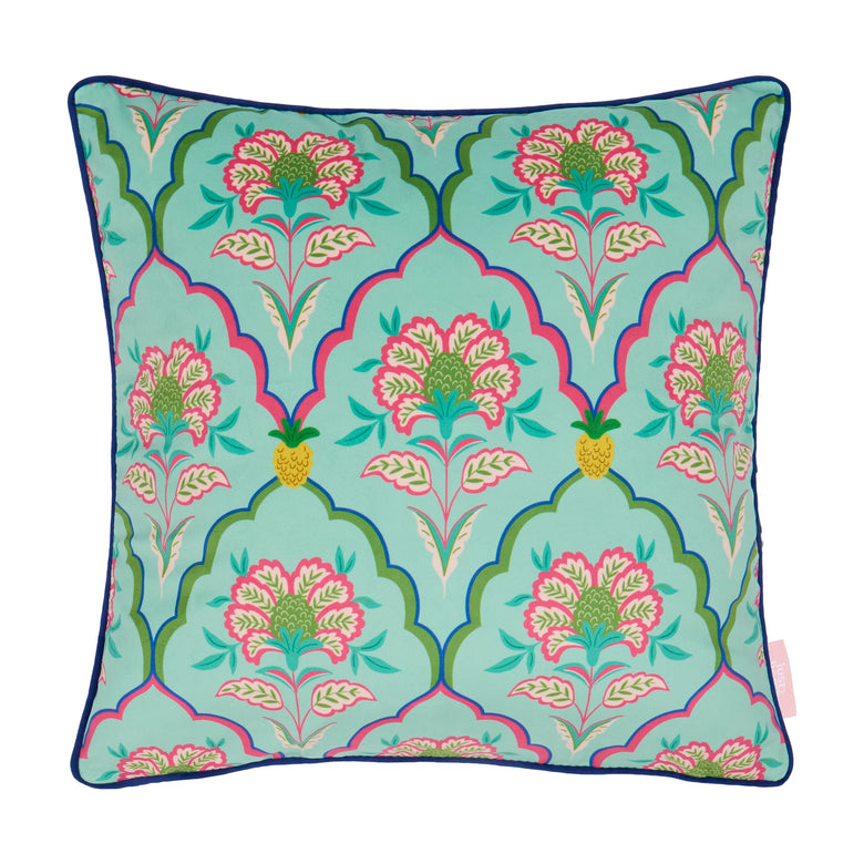 Blooming Geometric Square Cushion in Pinks on Greens