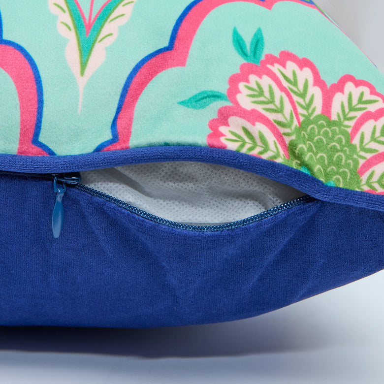 Blooming Geometric Square Cushion in Pinks on Greens