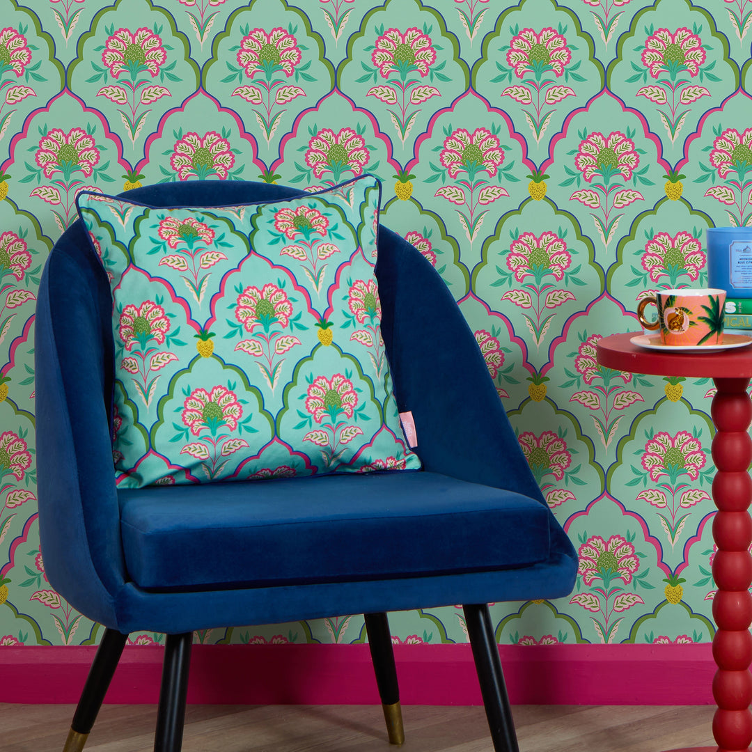 Blooming Geometric Square Cushion in Pinks on Greens