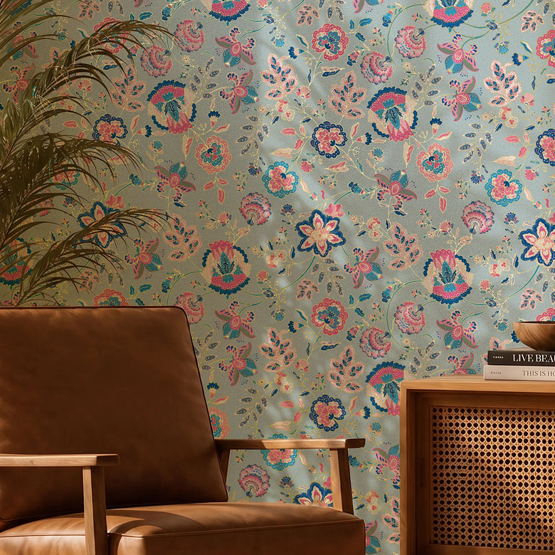 Blossoming Boho Wallpaper in Cobalt Blue and Raspberry on Sky Blue with Gold Foil
