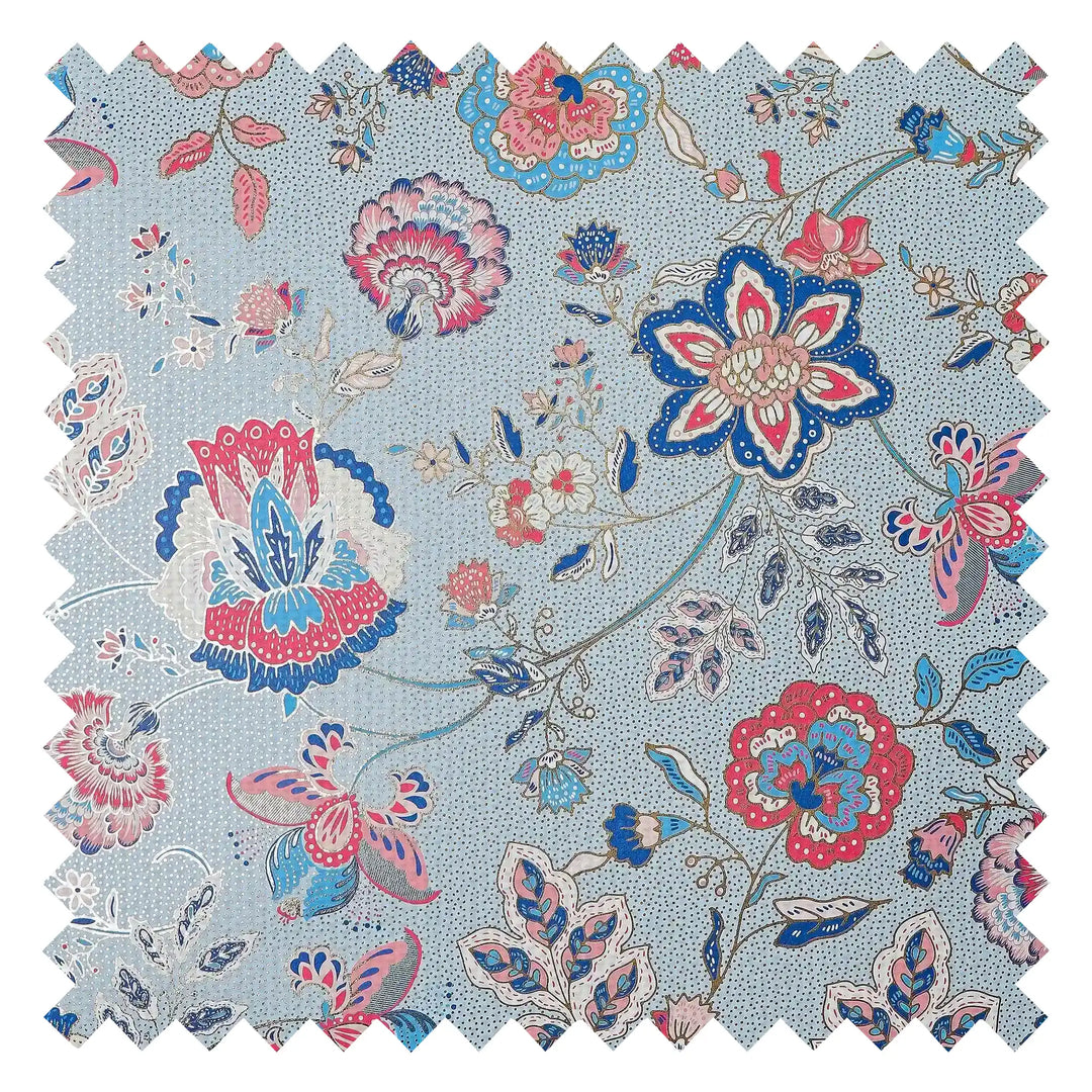 Blossoming Boho Fabric in Cobalt Blue and Raspberry on Sky Blue with Gold