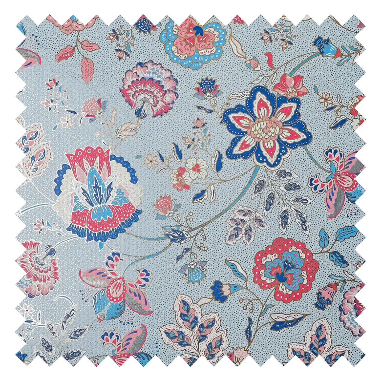 Blossoming Boho Fabric in Cobalt Blue and Raspberry on Sky Blue with Gold