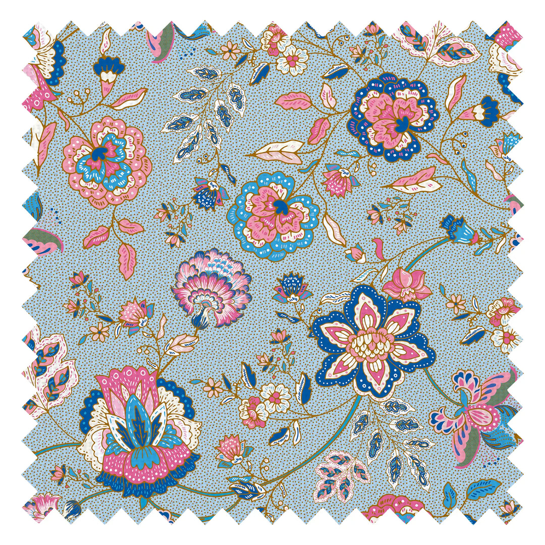 Blossoming Boho Fabric in Cobalt Blue and Raspberry on Sky Blue with Gold