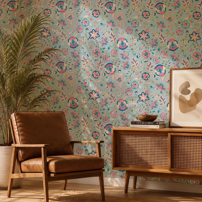 Blossoming Boho Wallpaper in Cobalt Blue and Raspberry on Sky Blue with Gold Foil