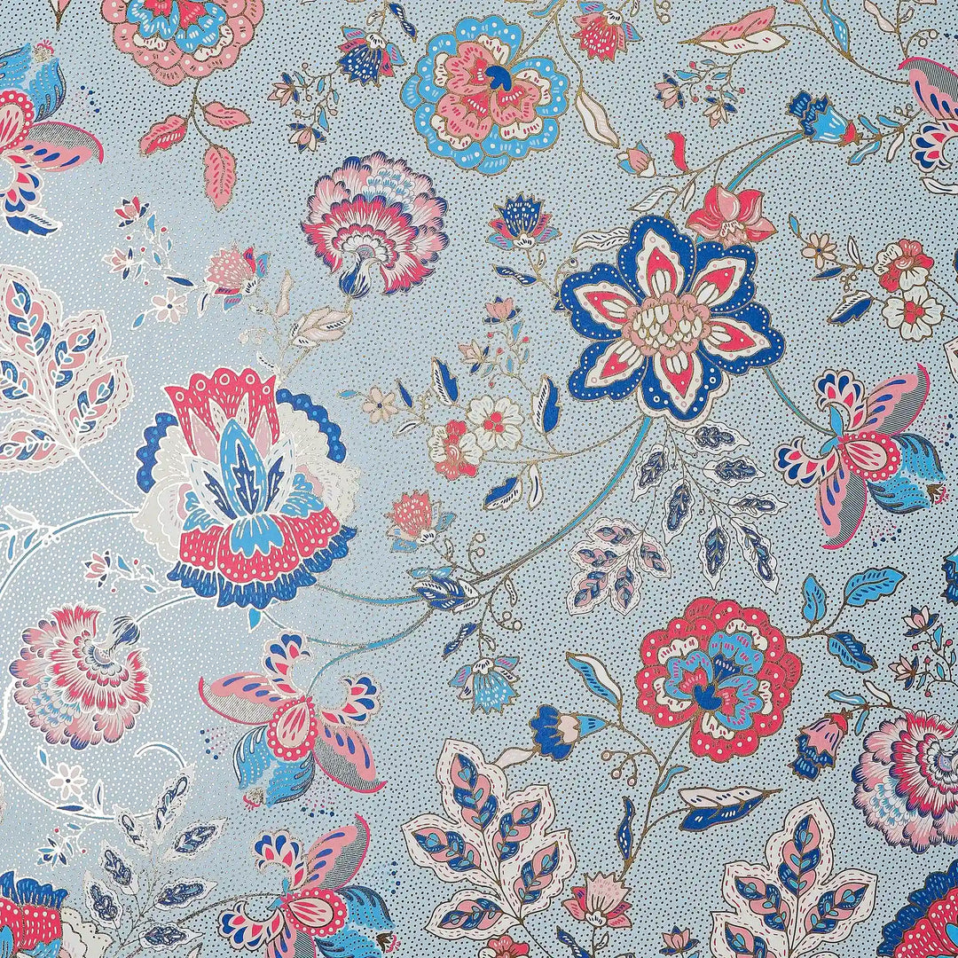 Blossoming Boho Wallpaper in Cobalt Blue and Raspberry on Sky Blue with Gold Foil
