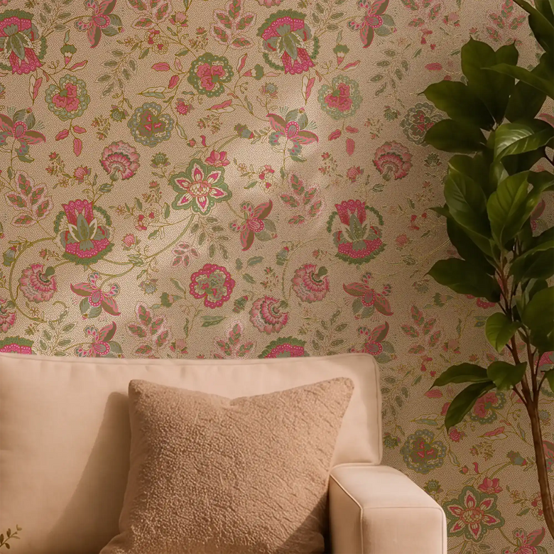 Blossoming Boho Wallpaper in Greens and Raspberry on Cream with Gold Foil
