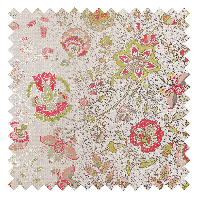 Blossoming Boho Fabric in Greens and Raspberry on Cream with Gold