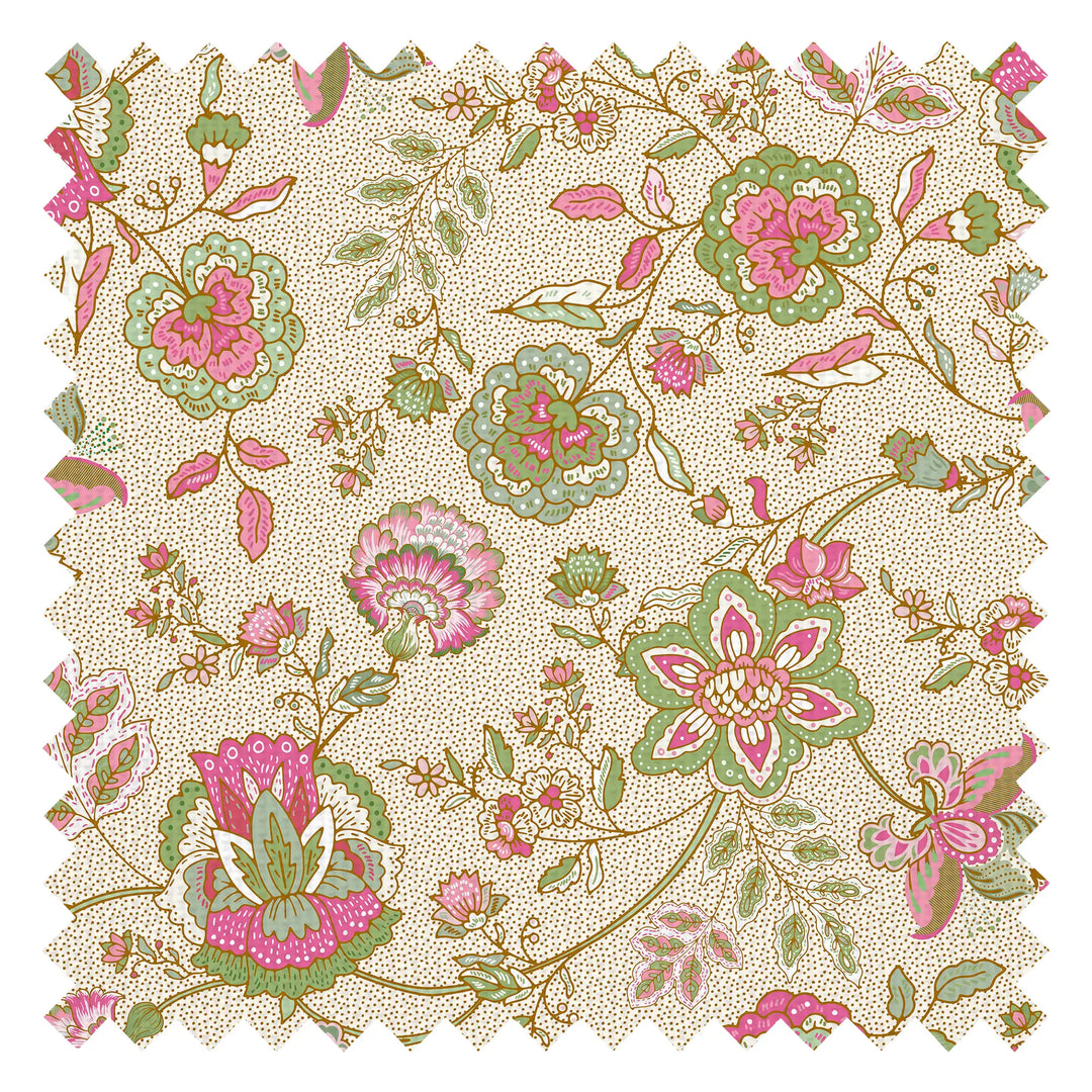 Blossoming Boho Fabric in Greens and Raspberry on Cream with Gold
