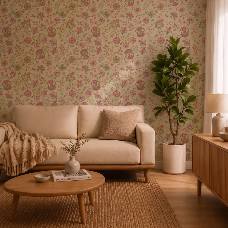 Blossoming Boho Wallpaper in Greens and Raspberry on Cream with Gold Foil