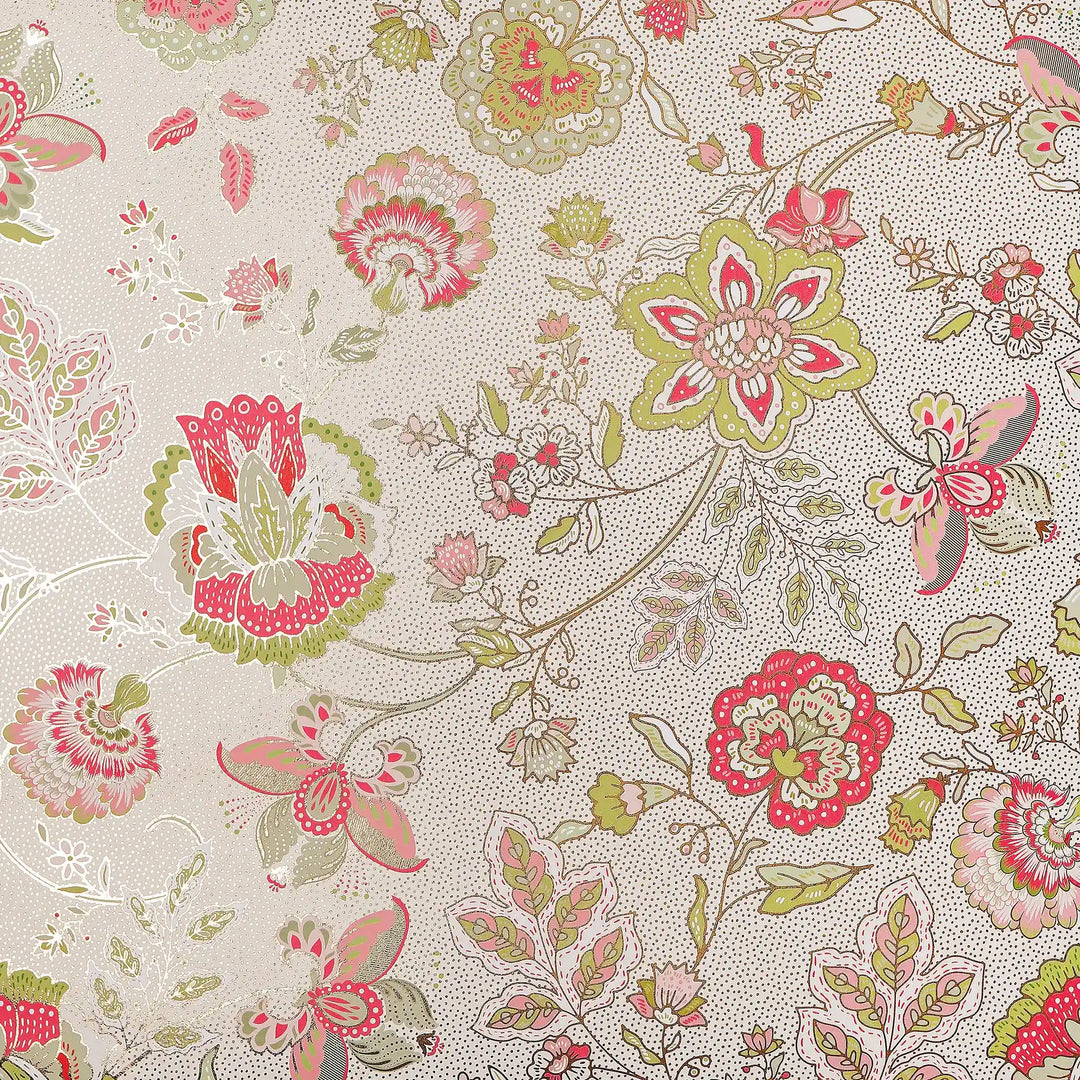 Blossoming Boho Wallpaper in Greens and Raspberry on Cream with Gold Foil