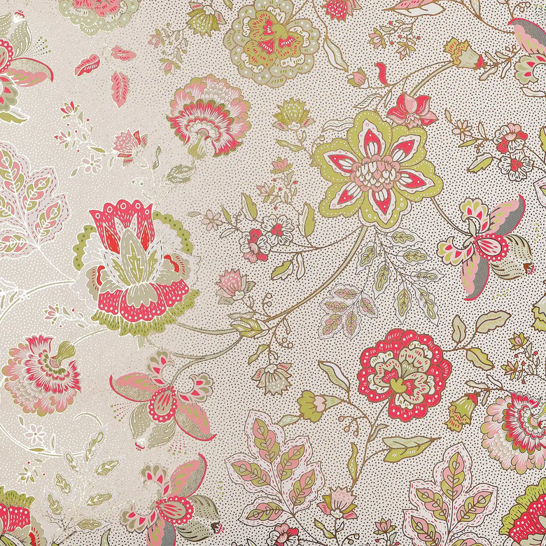 Blossoming Boho Wallpaper in Greens and Raspberry on Cream with Gold Foil