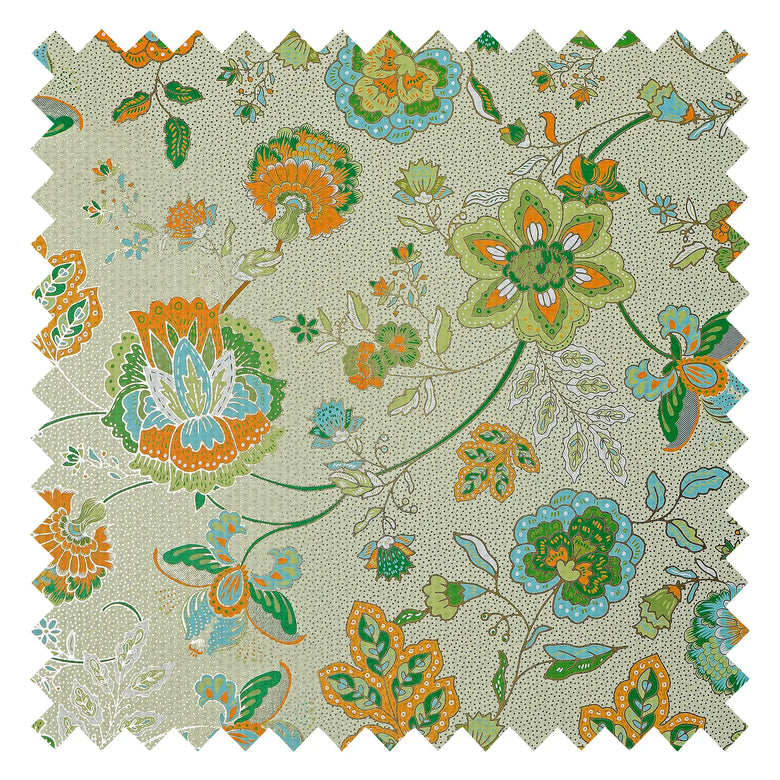Blossoming Boho Fabric in Turquoise and Orange on Light Green with Gold