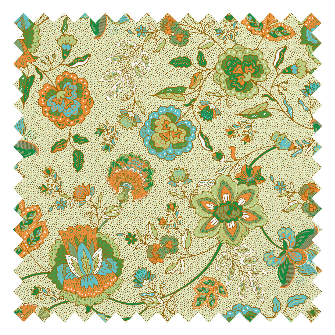 Blossoming Boho Fabric in Turquoise and Orange on Light Green with Gold