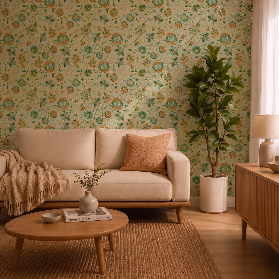 Blossoming Boho Wallpaper in Turquoise and Orange on Light Green with Gold Foil