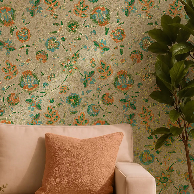 Blossoming Boho Wallpaper in Turquoise and Orange on Light Green with Gold Foil