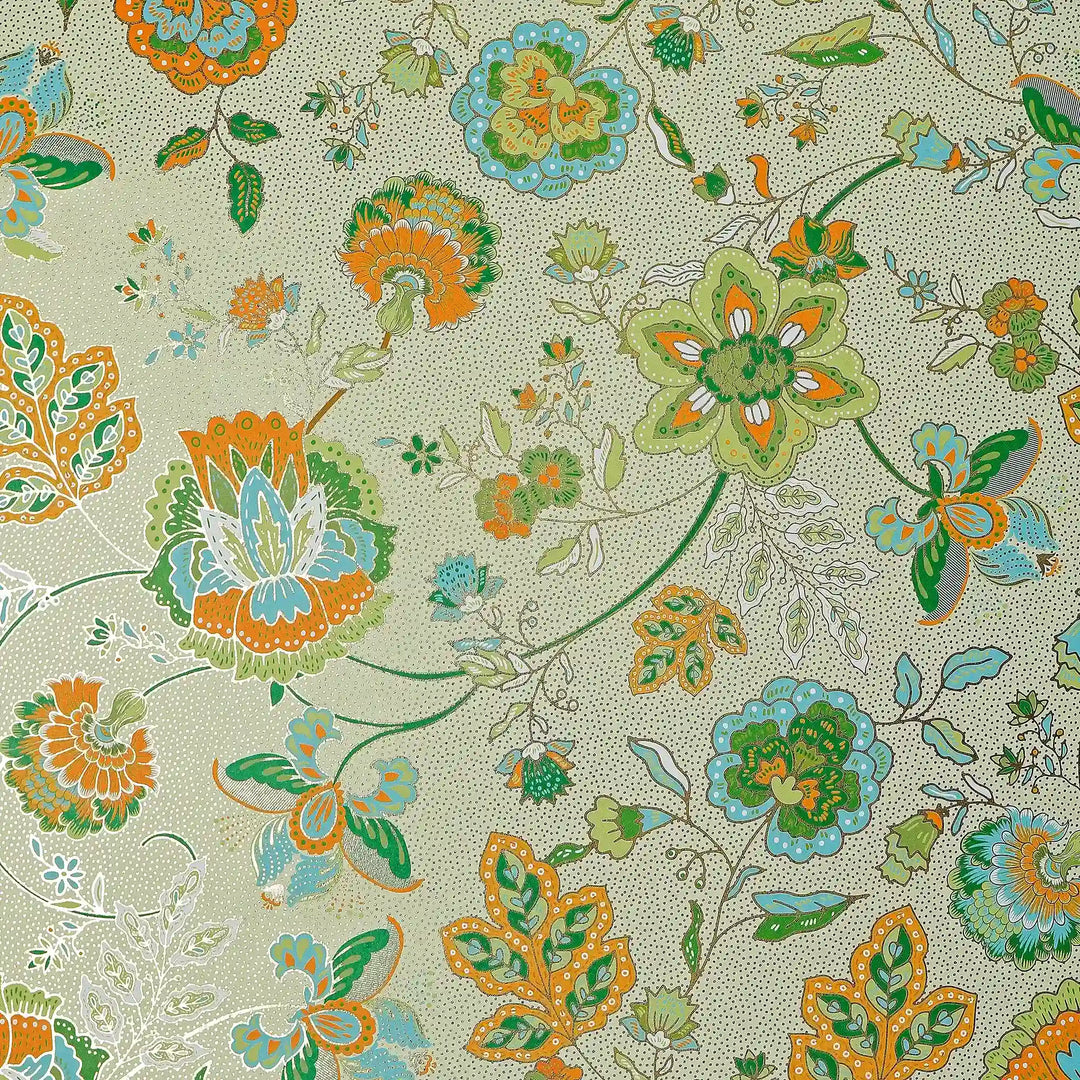 Blossoming Boho Wallpaper in Turquoise and Orange on Light Green with Gold Foil