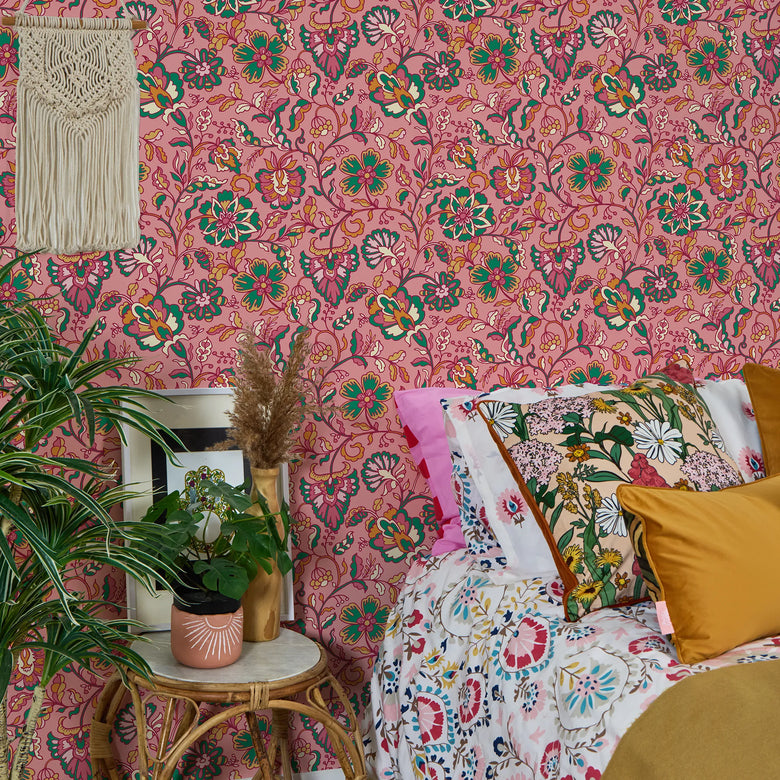 Botanical Boho Wallpaper in Green and Yellow on Pink