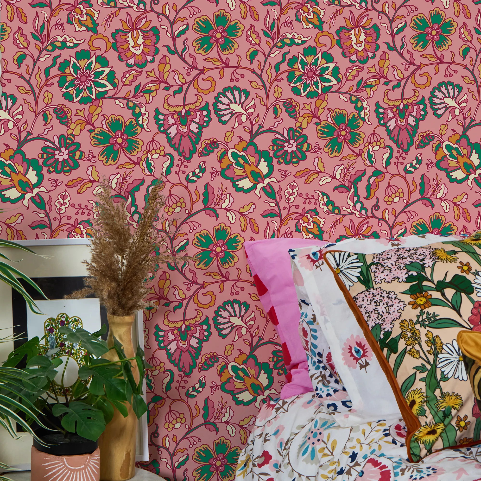 Botanical Boho Wallpaper in Green and Yellow on Pink