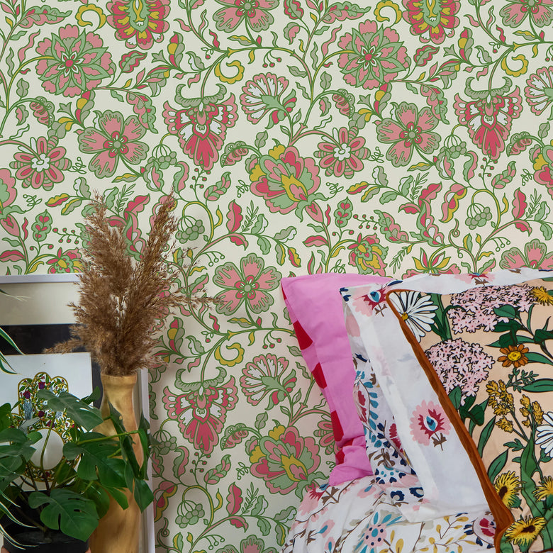 Botanical Boho Wallpaper in Pink and Green on Cream