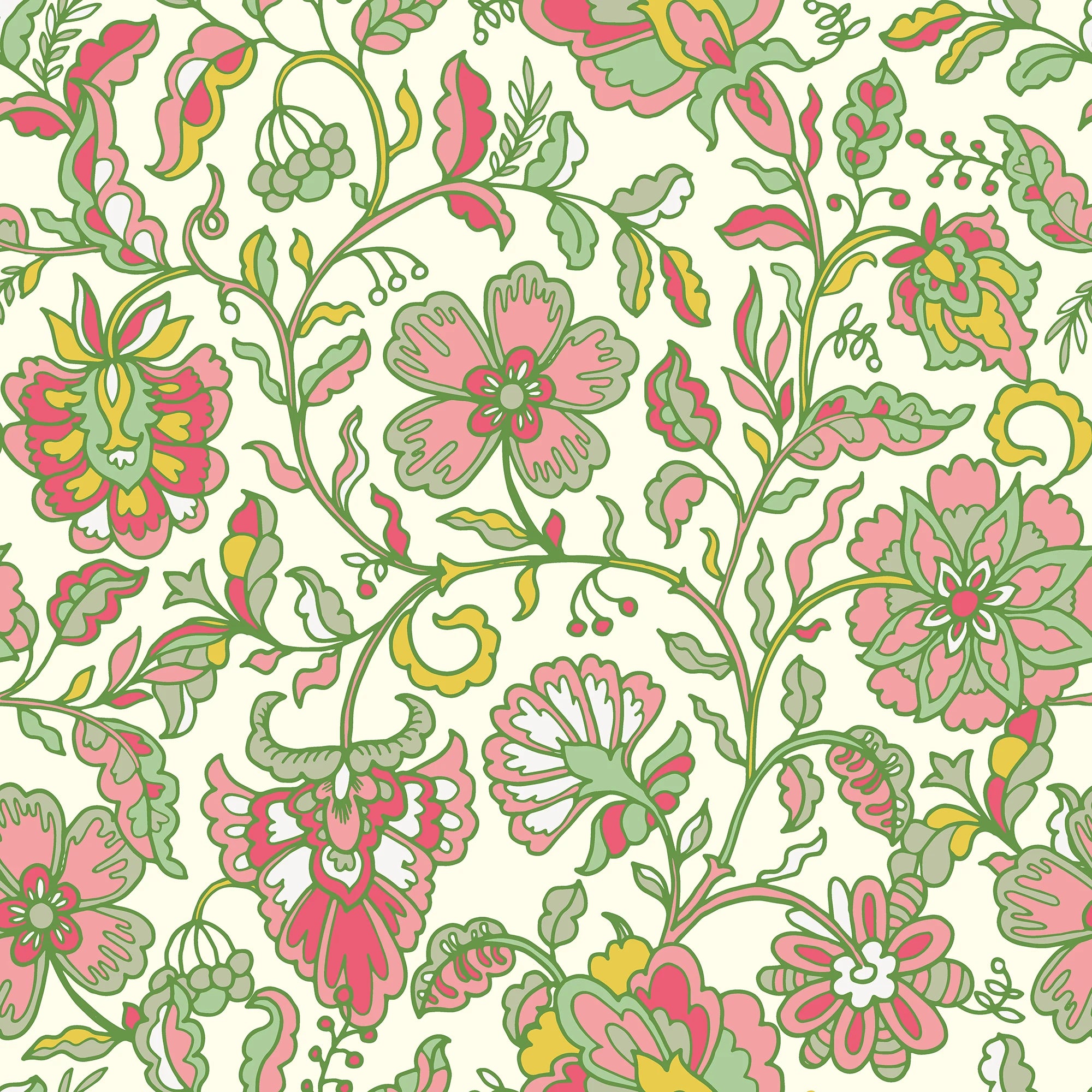 Botanical Boho Wallpaper in Pink and Green on Cream