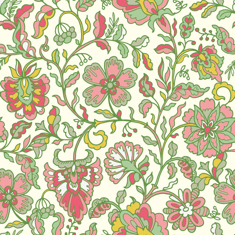 Botanical Boho Wallpaper in Pink and Green on Cream