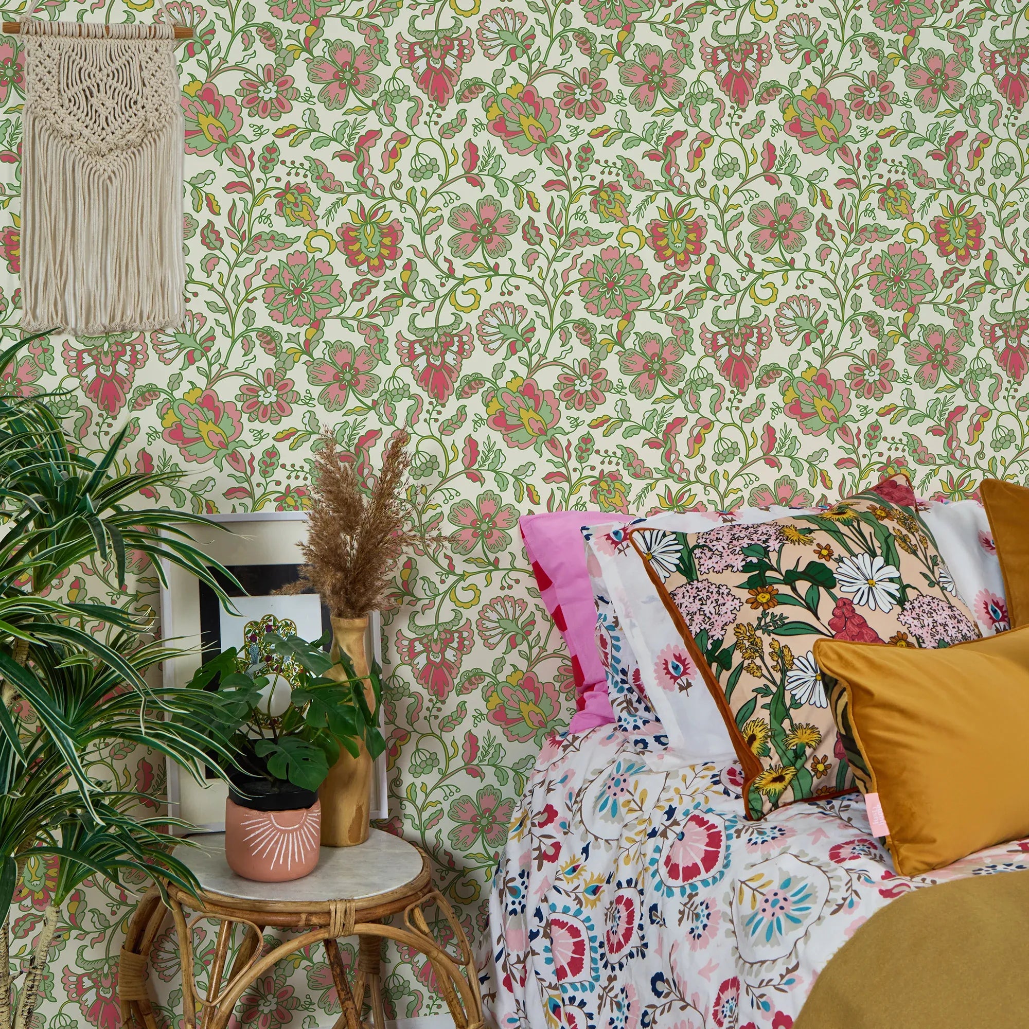 Botanical Boho Wallpaper in Pink and Green on Cream