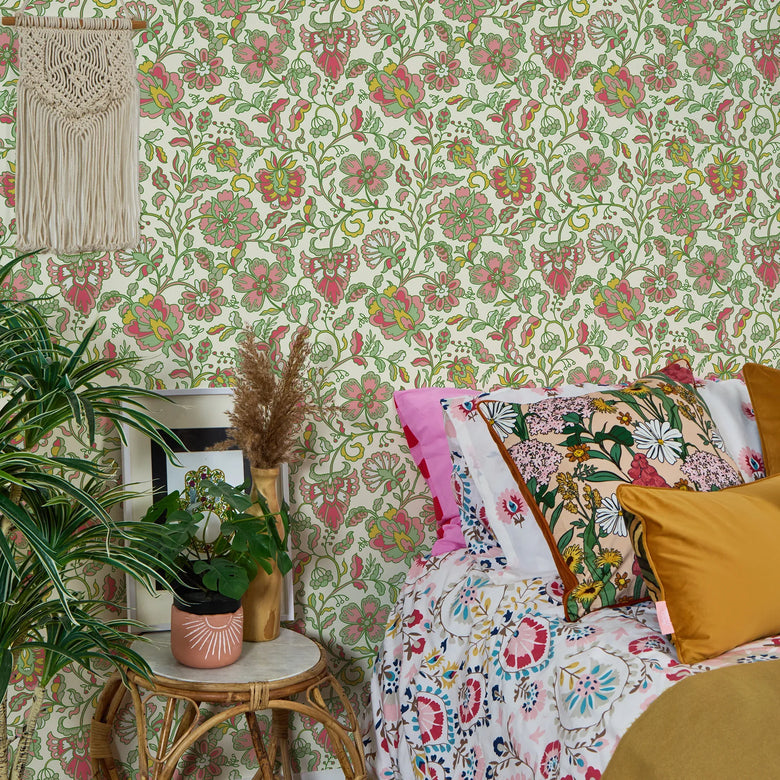 Botanical Boho Wallpaper in Pink and Green on Cream