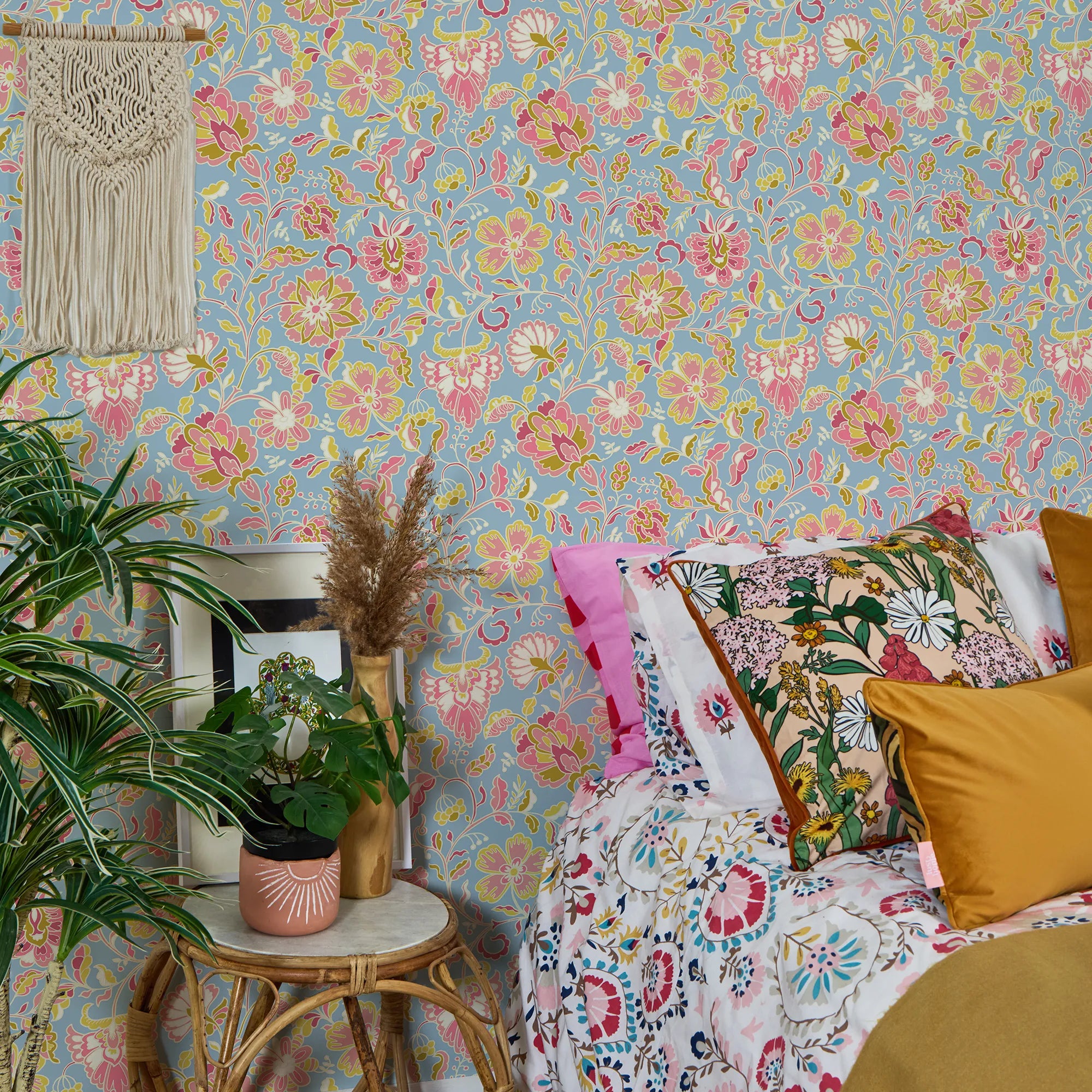 Botanical Boho Wallpaper in Pink and Yellow on Blue