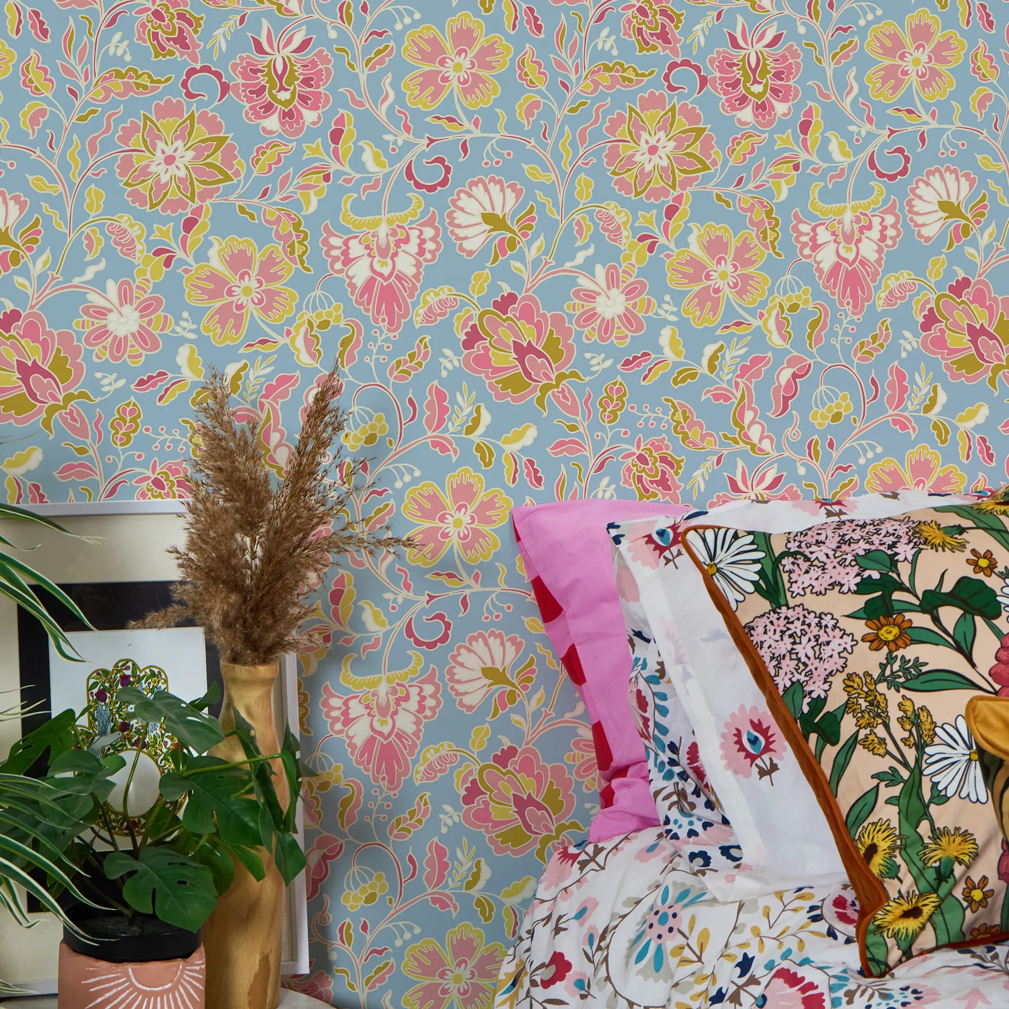 Botanical Boho Wallpaper in Pink and Yellow on Blue