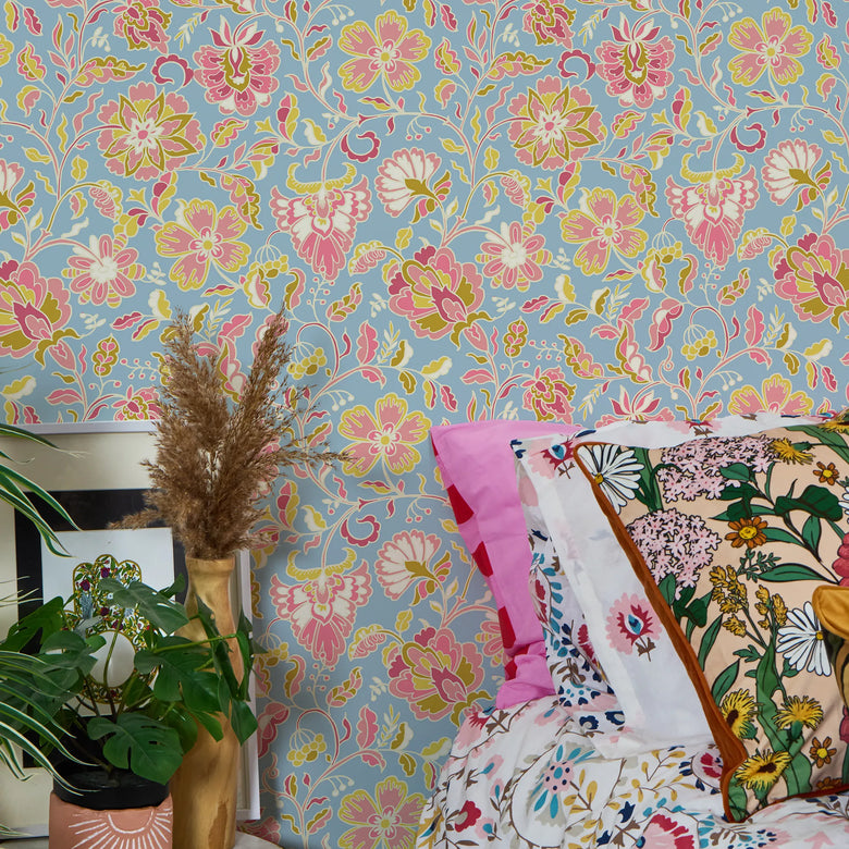 Botanical Boho Wallpaper in Pink and Yellow on Blue