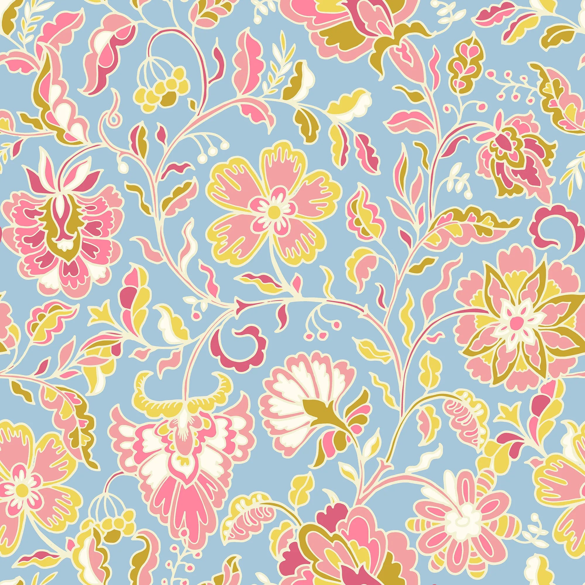 Botanical Boho Wallpaper in Pink and Yellow on Blue