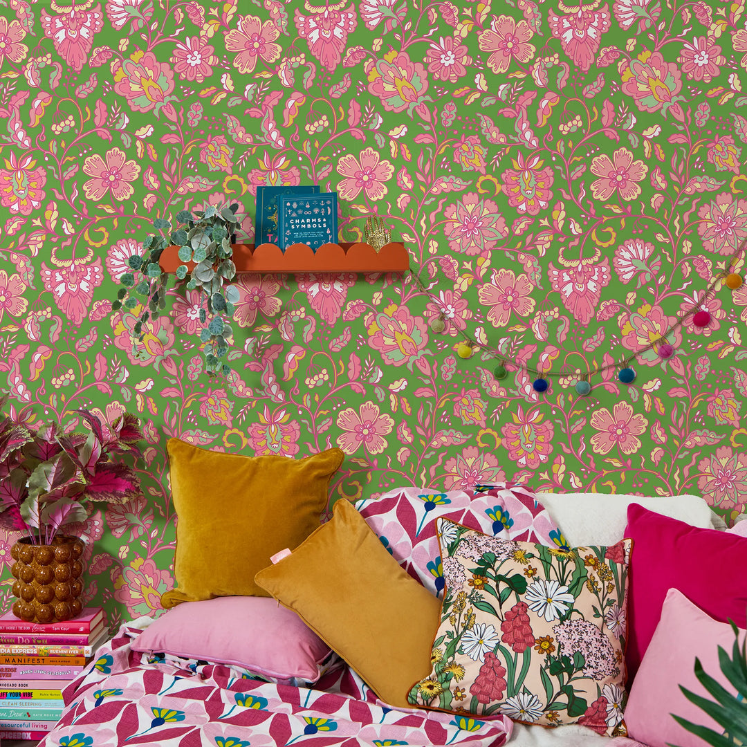 Botanical Boho Wallpaper in Pink on Green