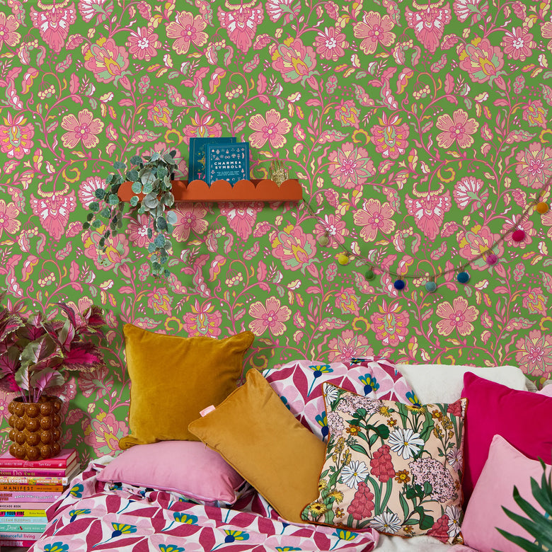 Botanical Boho Wallpaper in Pink on Green