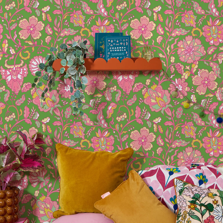 Botanical Boho Wallpaper in Pink on Green