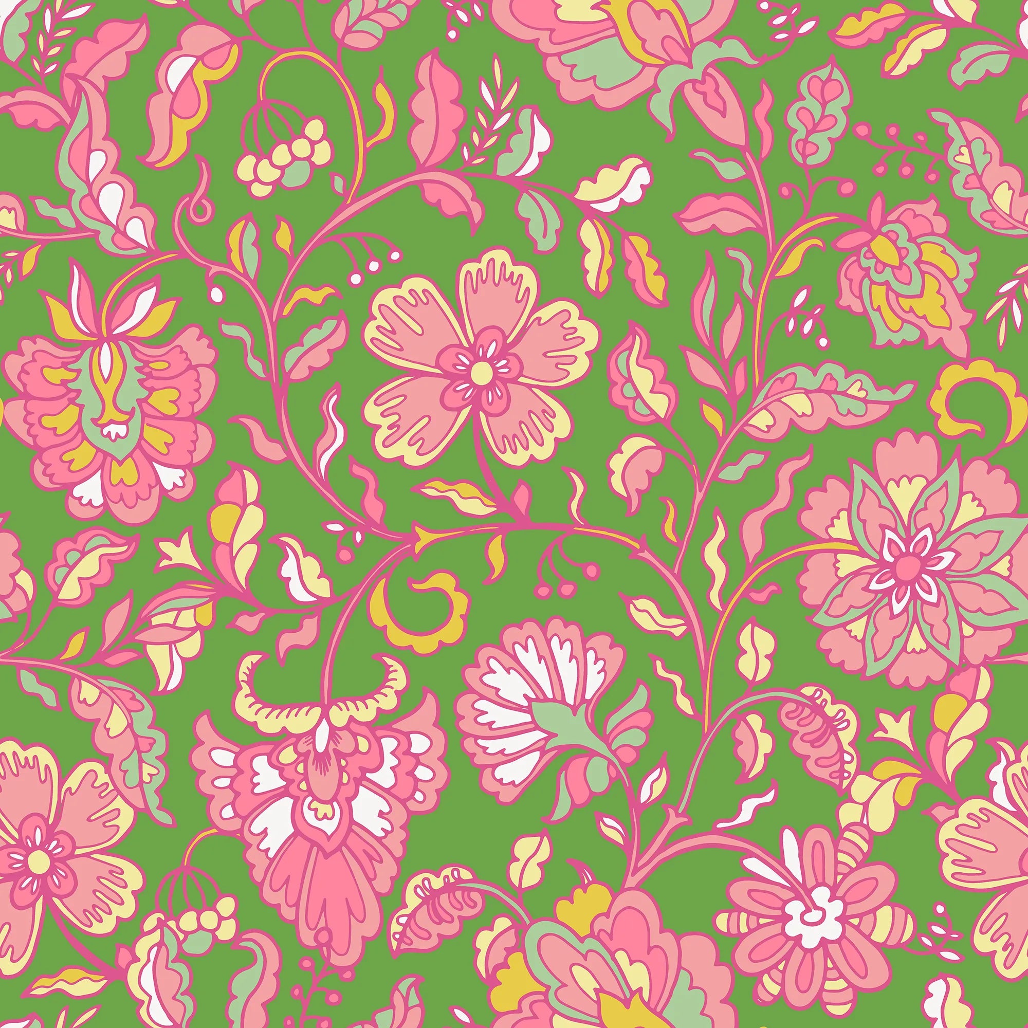 Botanical Boho Wallpaper in Pink on Green