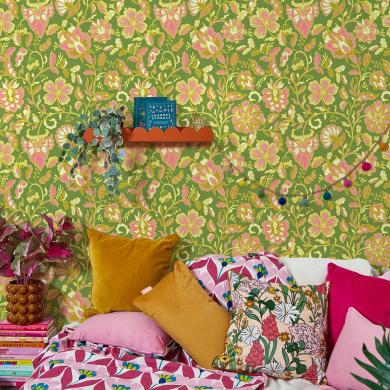 Botanical Boho Wallpaper in Yellow and Pink on Green