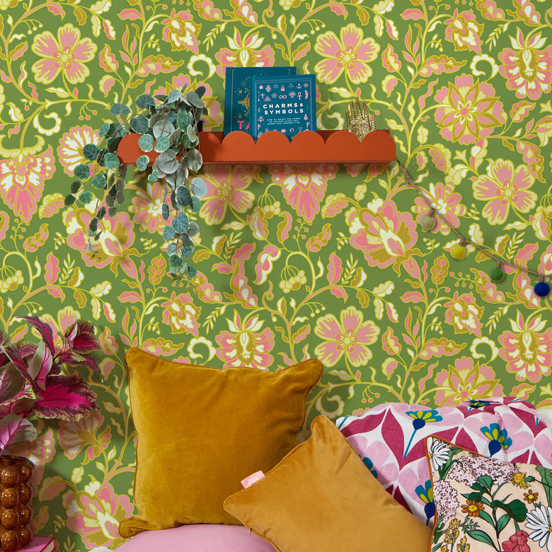 Botanical Boho Wallpaper in Yellow and Pink on Green