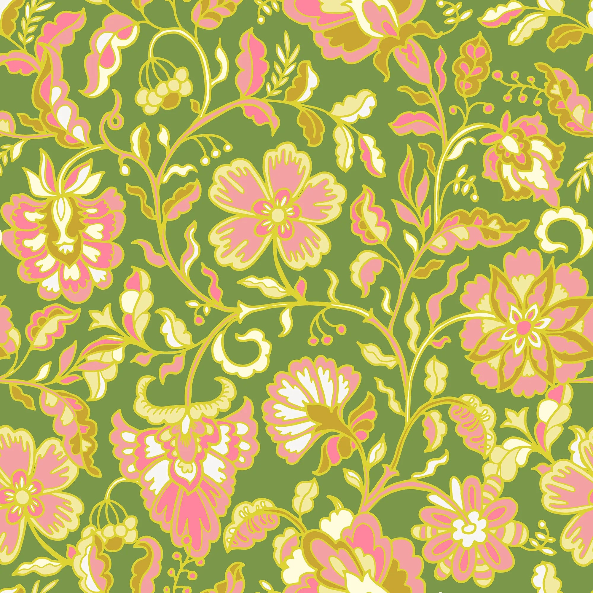 Botanical Boho Wallpaper in Yellow and Pink on Green