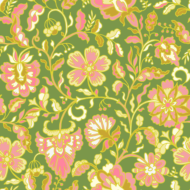 Botanical Boho Wallpaper in Yellow and Pink on Green