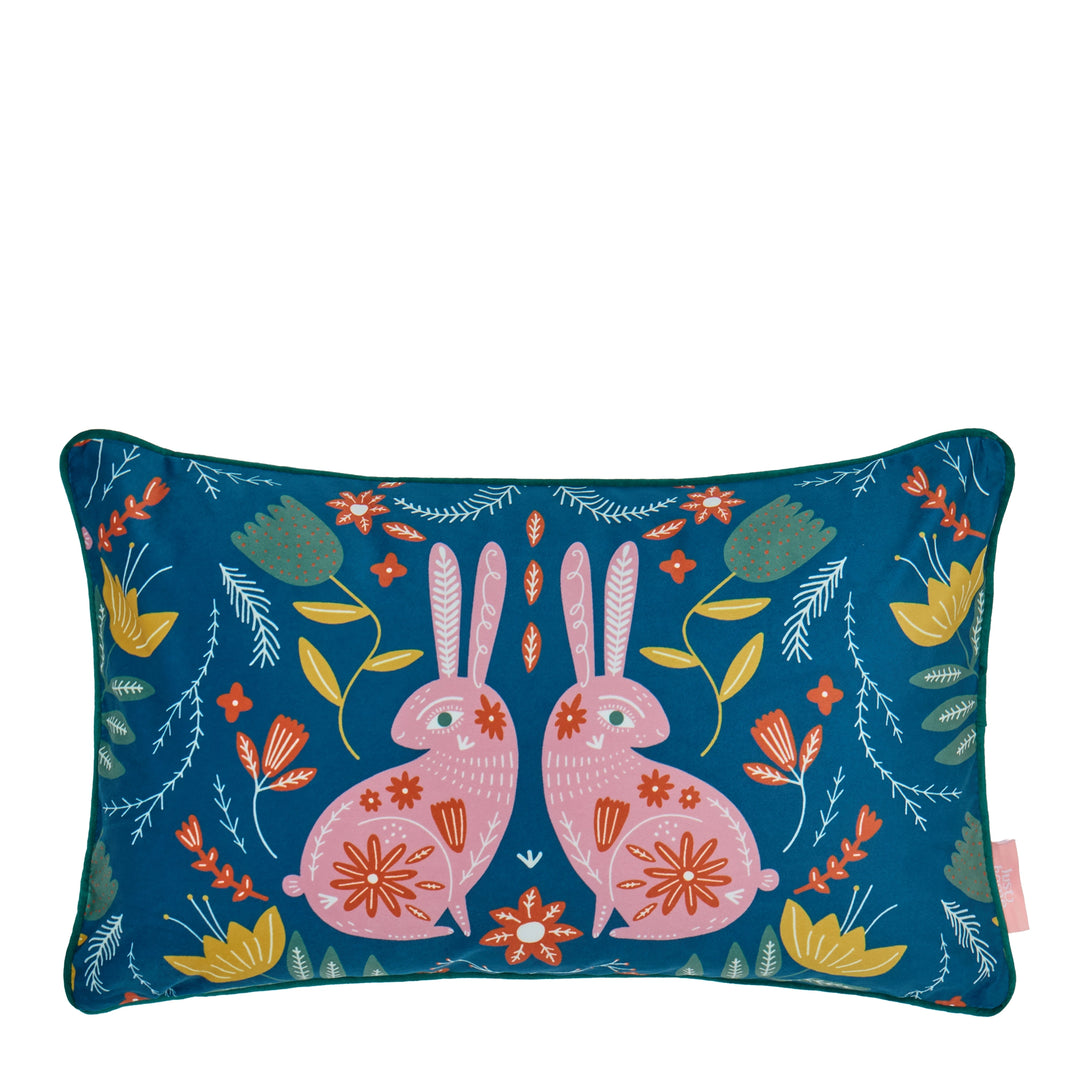 Bunny Tales Bolster Cushion in Teal and Cherry Blossom