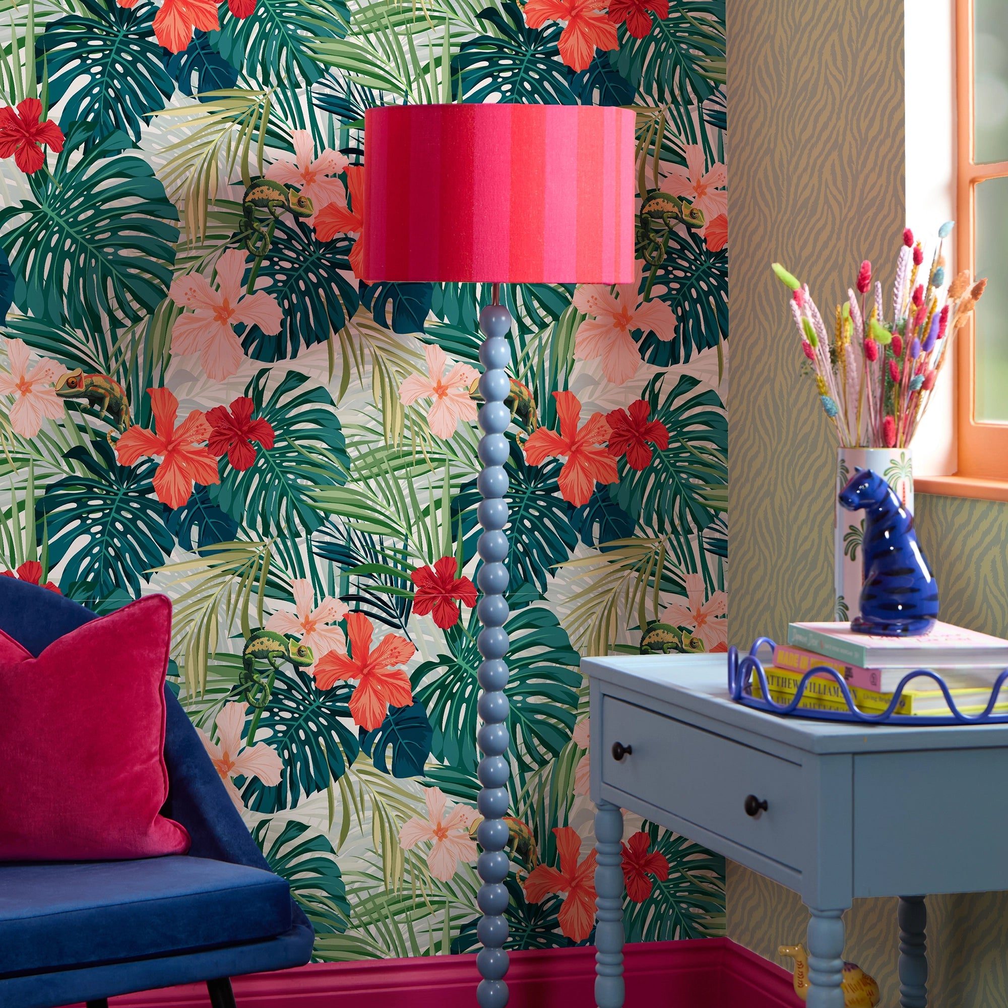 Calmer Chameleon Wallpaper in Tropical Green and Reds