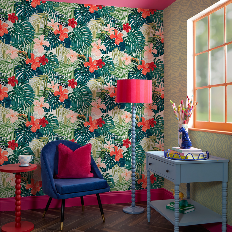Calmer Chameleon Wallpaper in Tropical Green and Reds