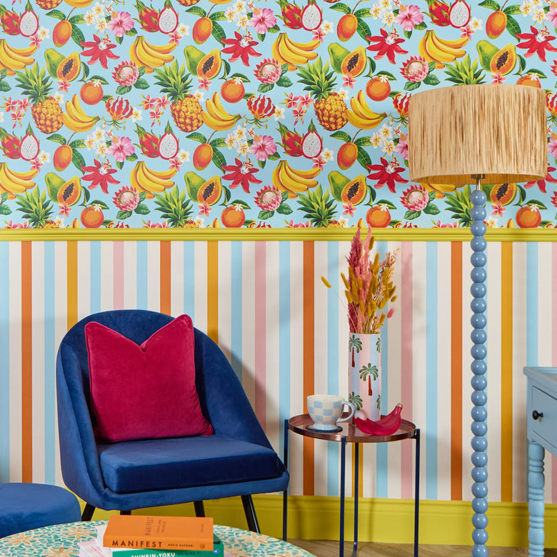 Calypso Carnival Wallpaper in Tropical Technicolour on Melba Cream
