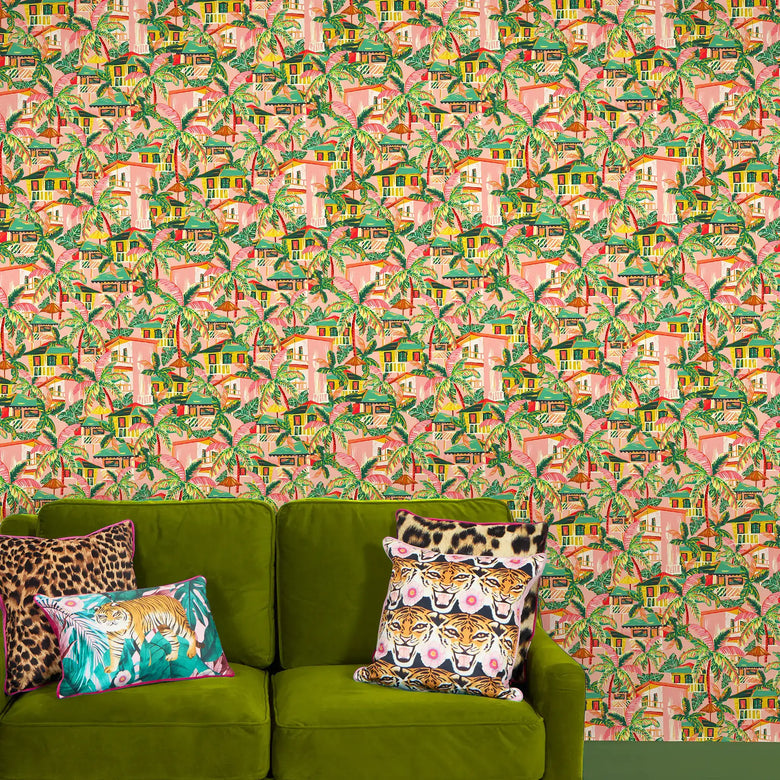 Caribbean Getaway Wallpaper in Sunset Pink