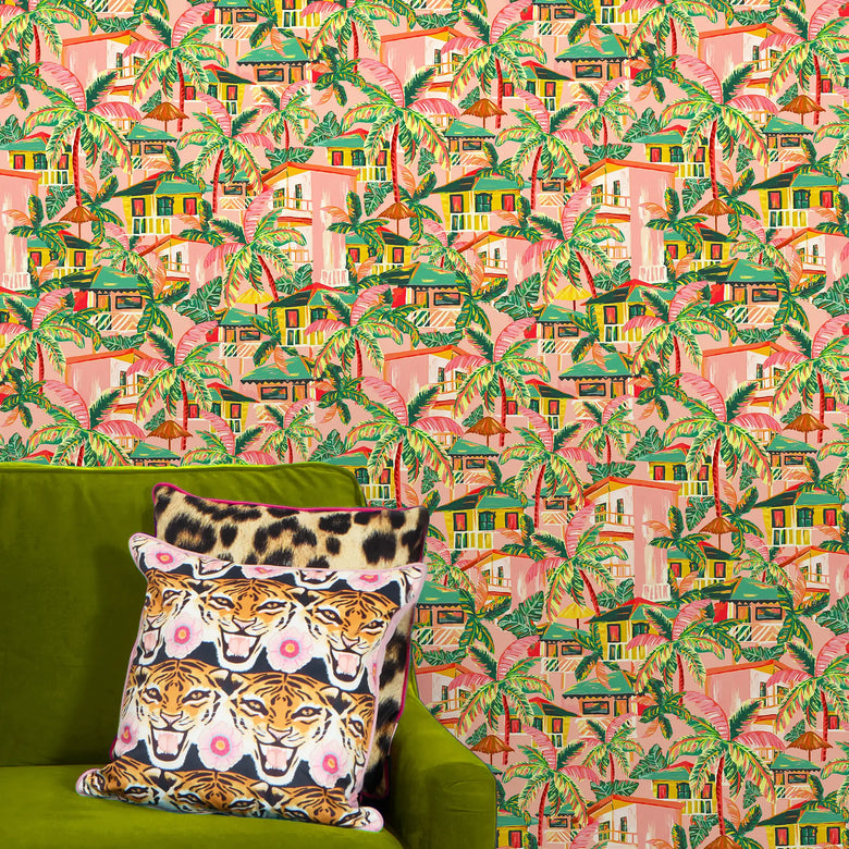 Caribbean Getaway Wallpaper in Sunset Pink