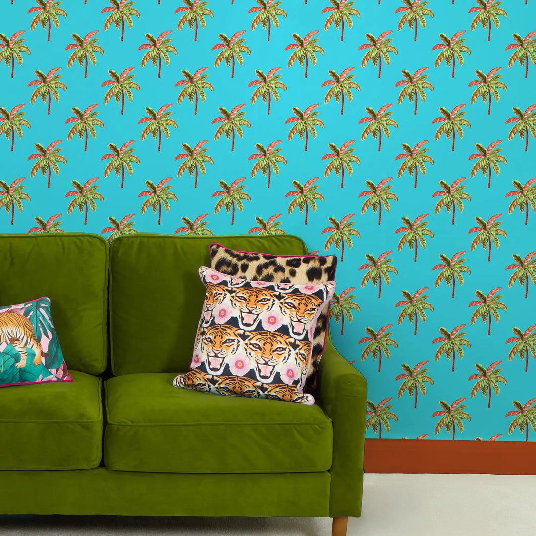 Caribbean Palms Wallpaper in Ocean Turquoise