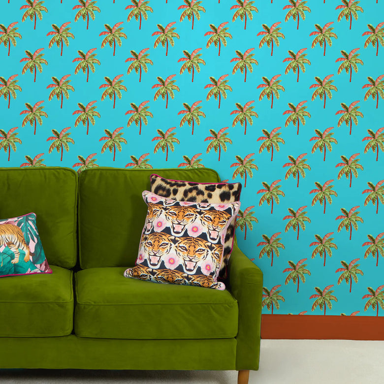 Caribbean Palms Wallpaper in Ocean Turquoise