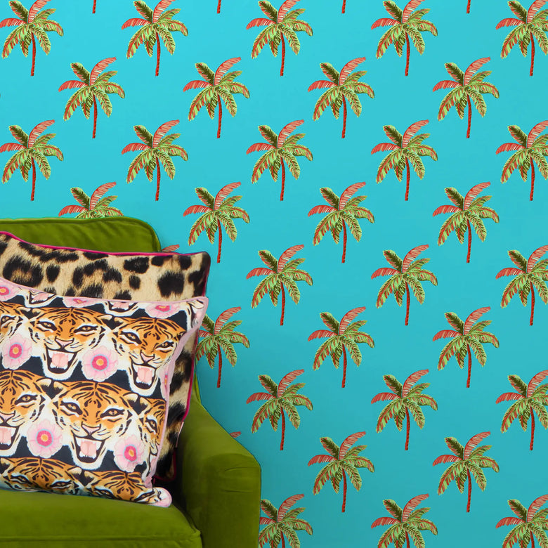 Caribbean Palms Wallpaper in Ocean Turquoise